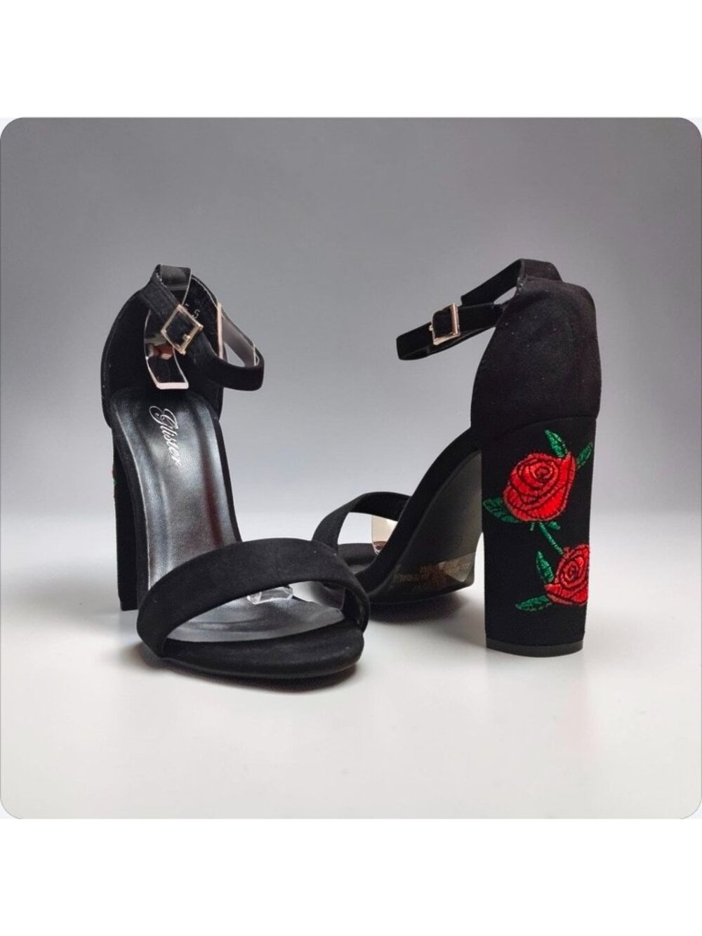 Black Faux Suede Block Heel Sandals With Rose Embroidery & Ankle Strap - Picture 6 of 13